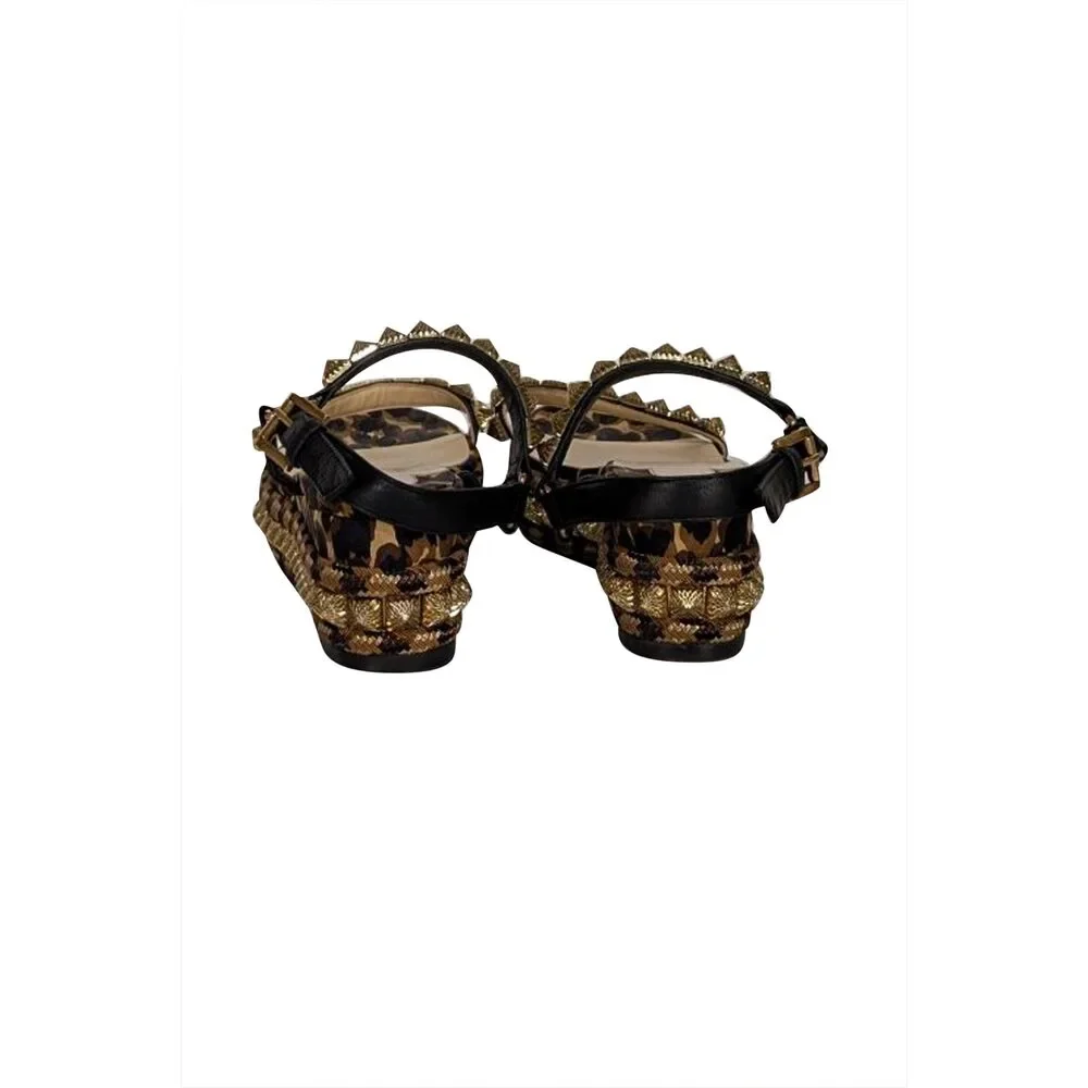 Christian Louboutin - Gold & Black Print Wedge Pyraclou Sandal Heels Sz 8